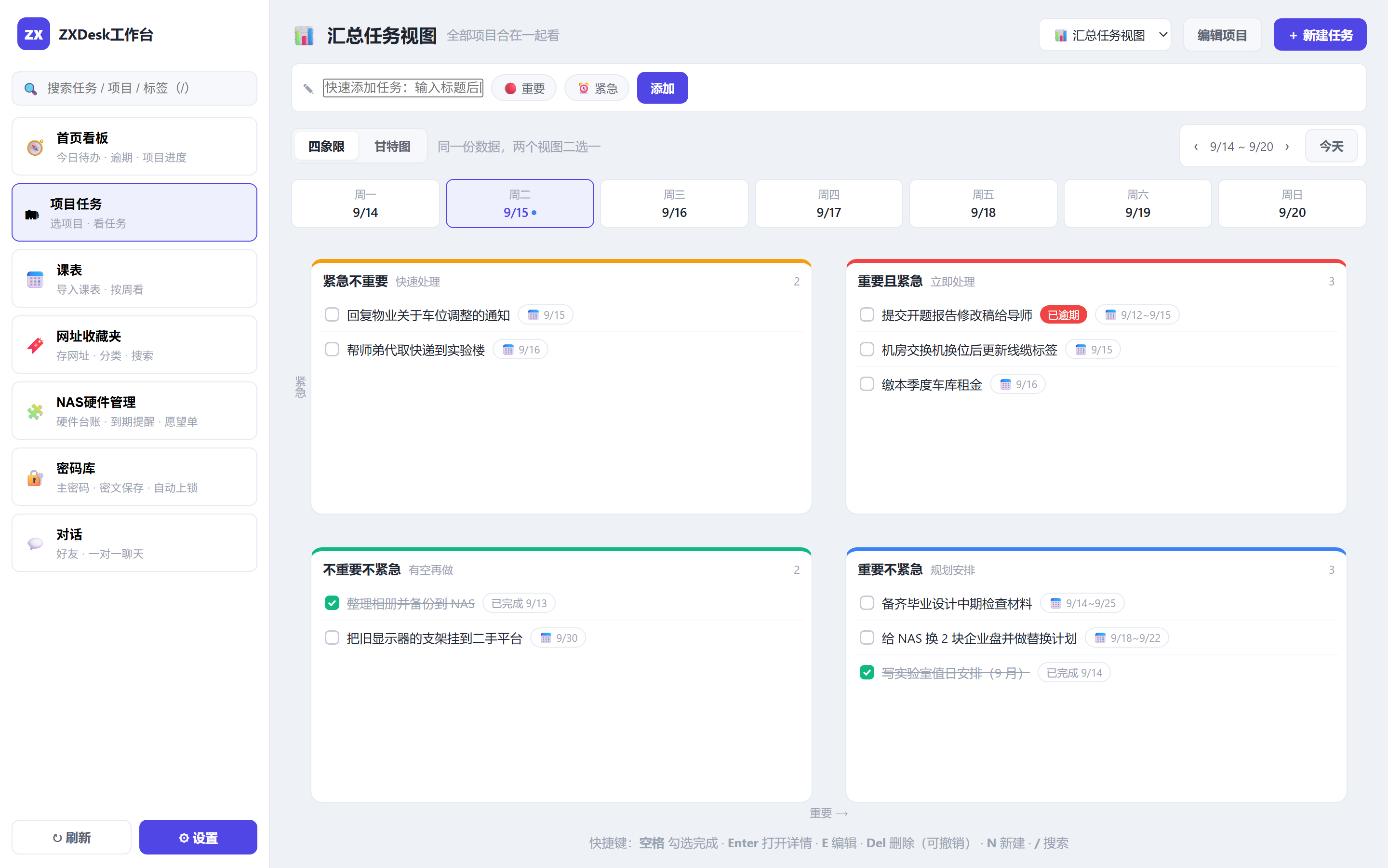 ZXDesk工作台电脑版：项目任务的四象限视图，任务按重要与紧急落在四个象限里